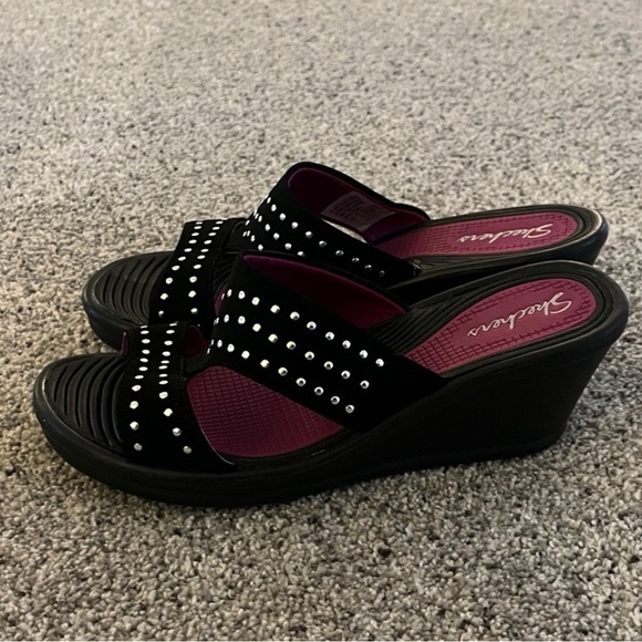 Skechers Shoes - Skechers Black Wedge Sandals with Magenta Insole and Silver Studs